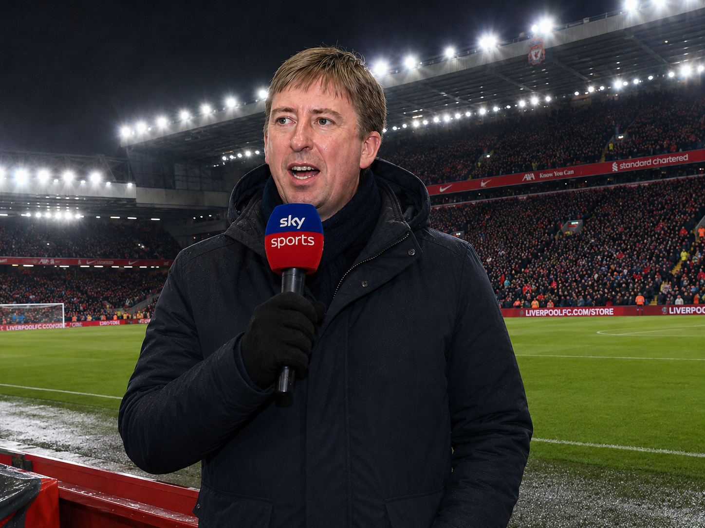 Nick Johnson reporting pitchside at a floodlit football stadium